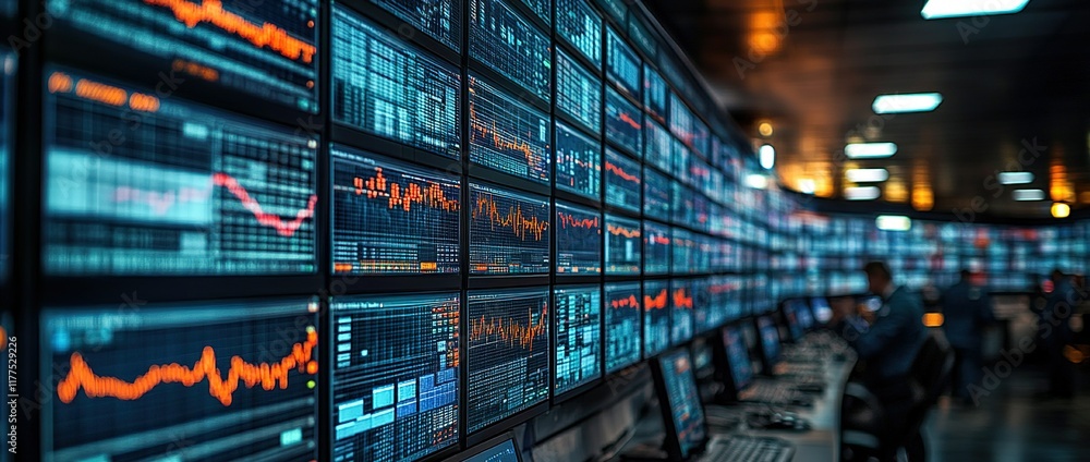 Aufkleber intricate display of financial data in a trading room environment during a busy market session