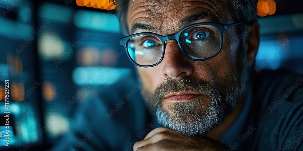 Poster profile of a focused man with glasses working on technology in a dark environment illuminated by scr
