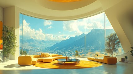 Fototapeta premium Modern living room with panoramic mountain views. Interior design, spacious