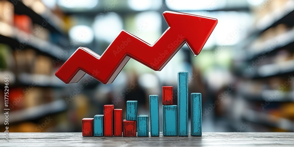 Poster growth trend in business analytics displayed with upward arrows and bar charts in a modern workspace