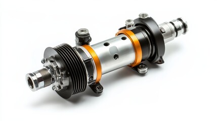 A close-up of a precision-engineered engine component showcases its metallic structure and detailed design. The part is likely used in high-performance automotive applications