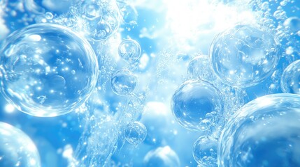 Sparkling Water Bubbles Floating In Blue Sky