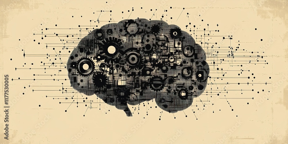 Poster representation of human brain with gears and circuits illustrating machine learning and cognitive pr