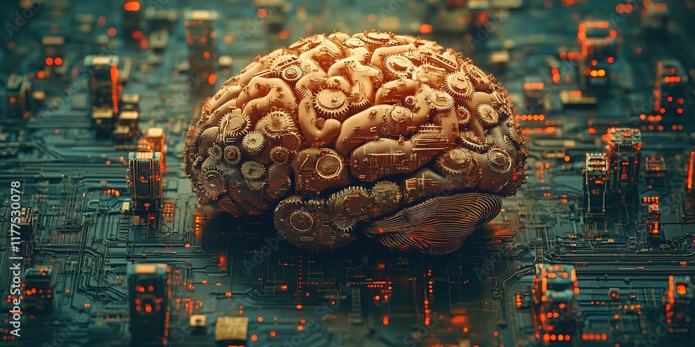 Poster intricate organic brain design surrounded by a network of glowing circuits in a futuristic environme