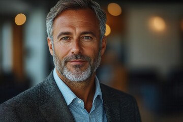 professional portrait of confident 50-year-old business executive in modern office setting with natural light and corporate atmosphere