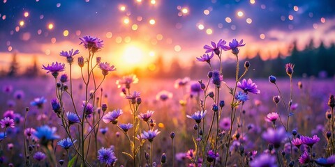 Fototapeta premium Magical Twilight: Purple Flower Field at Dusk - Stunning Low Light Photography