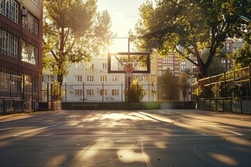 High Quality Picture of Schoolyard with Basketball Court and School Building in the Evening