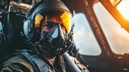 A skilled fighter pilot sits in the cockpit, wearing a protective helmet and visor, ready for an upcoming mission as golden sunlight reflects off the visor, creating a dramatic atmosphere