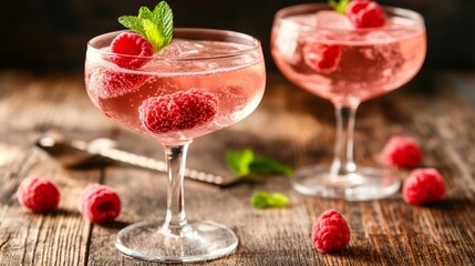 Two glasses filled with a vibrant raspberry cocktail sit on a rustic wooden table. Each drink features fresh raspberries and a mint leaf, creating a refreshing summer drink perfect for celebrations