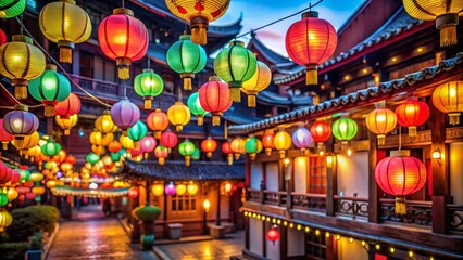 Mahayana New Year: Colorful Lanterns Illuminate Temple Courtyard