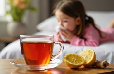 Cup of tea with lemon and ginger for sick child in bed