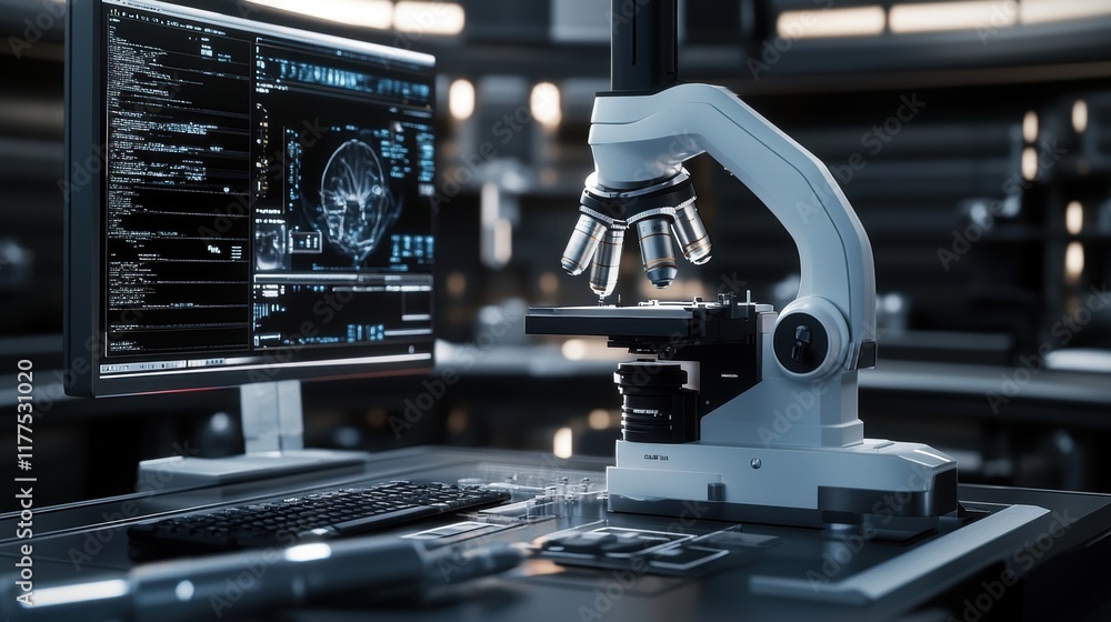 Poster state of the art laboratory featuring a sophisticated microscope analyzing samples alongside a compu