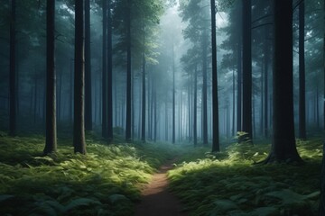 Fototapeta premium there is a path in the middle of a forest with tall trees