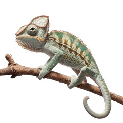 Obraz premium a vibrant chameleon perched on a branch. showcasing its unique texture and coloration intricate patterns and features of the chameleon. emphasizing its adaptability and beauty in nature