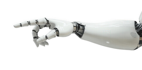 a robotic hand in a pointing gesture. emphasizing advanced technology and innovation in robotics the design features a sleek. white exterior with mechanical joints. illustrating the blend of aesthetic