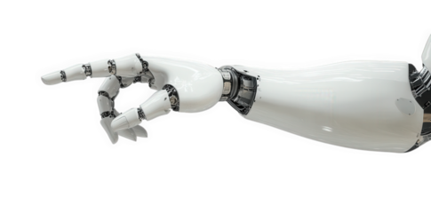 a robotic hand in a pointing gesture. emphasizing advanced technology and innovation in robotics the design features a sleek. white exterior with mechanical joints. illustrating the blend of aesthetic