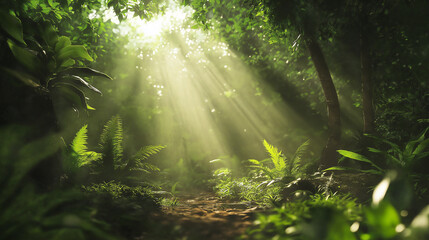 Obraz premium A serene forest path illuminated by ethereal sunlight filtering through lush greenery, creating an enchanting atmosphere perfect for nature lovers and wanderers.