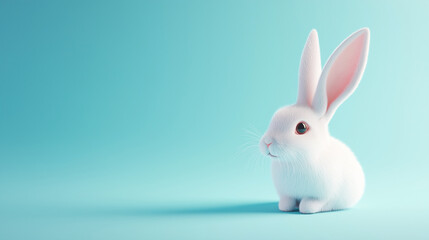 Obraz premium A cute, fluffy white bunny sits gracefully against a soft blue backdrop, embodying innocence and playfulness, perfect for a whimsical and charming aesthetic.