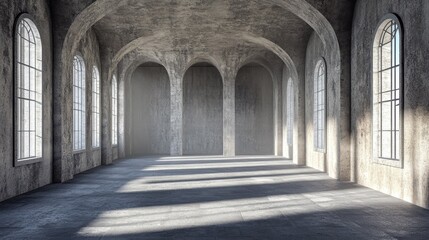 Naklejka premium stock photo features a realistic 3D rendering of an old stone building room with concrete elements, textured walls, and an architectural design, creating a unique and atmospheric interior space 