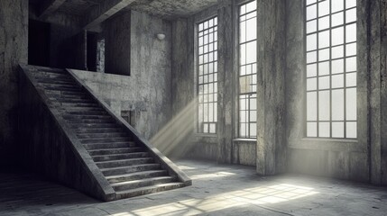 stock photo features a realistic 3D rendering of an old stone building room with concrete elements, textured walls, and an architectural design, creating a unique and atmospheric interior space 