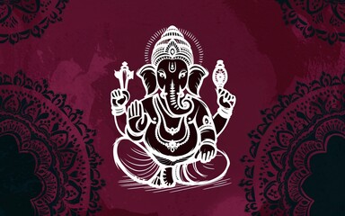 Fototapeta premium White Ganesha illustration on maroon background with mandala patterns.
