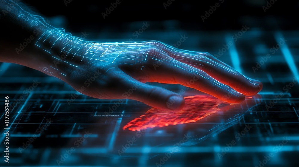 Poster futuristic hand interacting with a transparent interface.