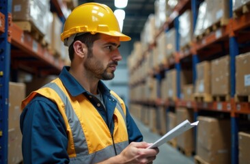 Warehouse worker checking inventory list and managing logistics in large distribution center