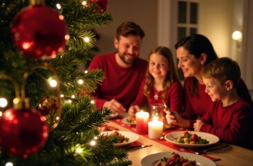 Family enjoying christmas dinner by the christmas tree