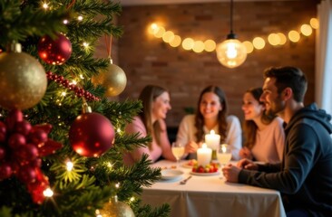 Friends enjoying christmas dinner with decorated tree in foreground