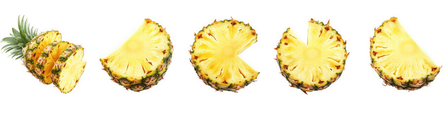 whole pineapple on the left. followed by several slices arranged in a row. showcasing the fruit's juicy. yellow interior and textured rind this visual emphasizes the pineapple's freshness and versatil