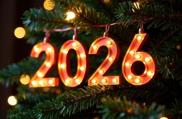 Luminous 2026 sign hanging on christmas tree celebrating new year