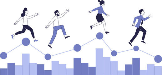 Joyful business people are running according to schedule. Financial activity concept.