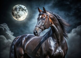 Majestic Black Trakehner Stallion Night Portrait - Dark Horse Photography