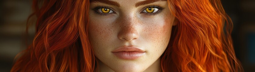 Fototapeta premium A close-up of a woman with vibrant red hair and striking eyes, showcasing delicate freckles and smooth skin, Ideal for beauty, fashion, or portrait photography discussions,