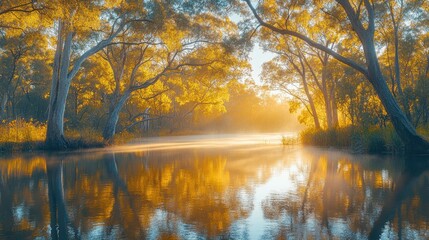 Obraz premium Golden Autumn Sunrise Over Calm River Trees
