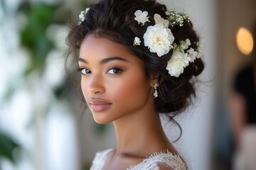 professional wedding hairstylist creating romantic updo with fresh white flower accents on bride's natural hair in sunlit luxury bridal suite