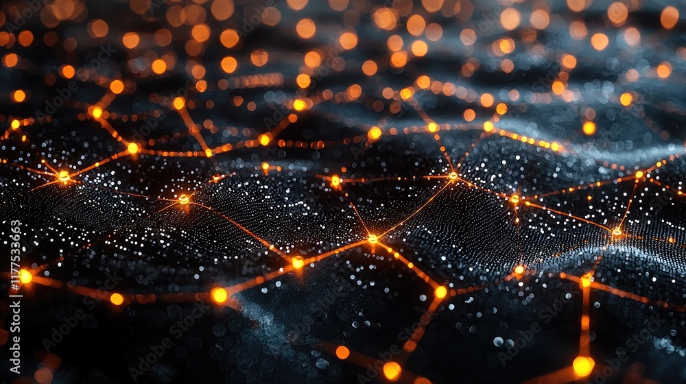Poster abstract network nodes illuminated with orange glowing lights
