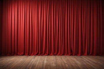 a close up of a red curtain on a wooden floor