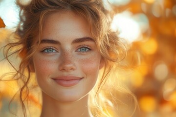 Fototapeta premium radiant young woman with natural beauty enjoying autumn season with flying hair and genuine smile in warm sunlight among falling golden leaves
