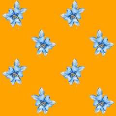 Seamless pattern with watercolor blue flowers and grey-blue leaves on yellow background. Perfect for textile, fabric, wrapping, home decorating, bedding, packaging of food or beauty products, backdrop