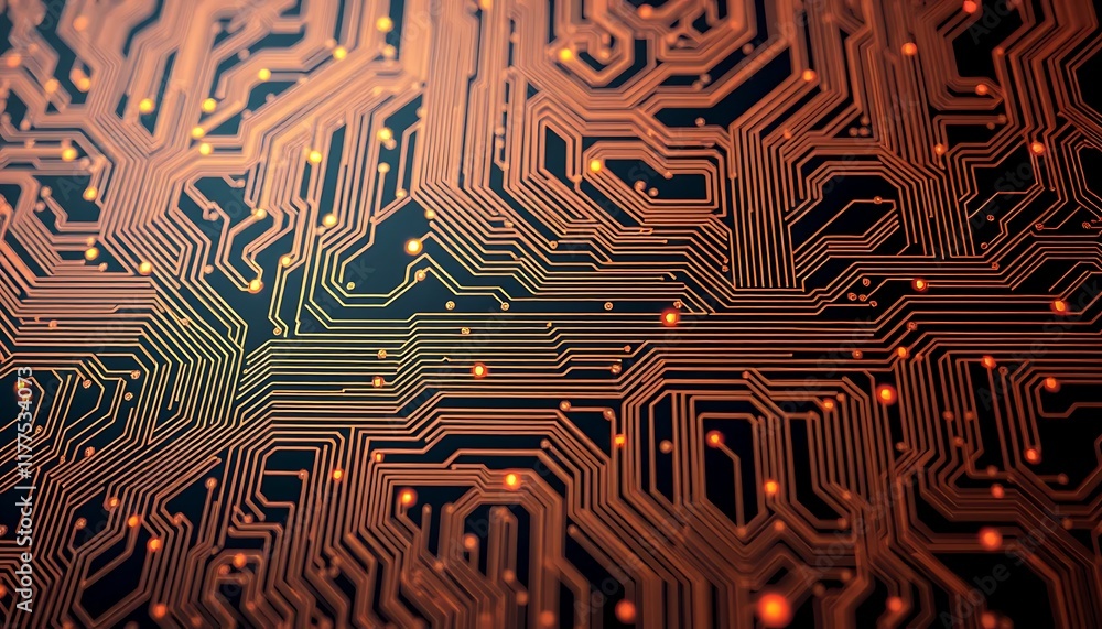 Poster intricate circuit board design orange lines glowing nodes dark background