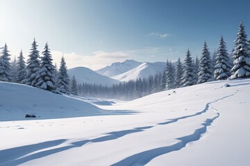 Fototapeta premium snowy mountain landscape with trees and tracks in the snow