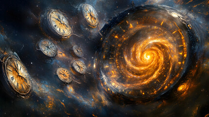 An abstract visual of clocks melting and intertwining with the shape of a galaxy, symbolizing the relativity of time across the vastness of space 