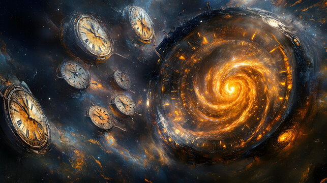 An abstract visual of clocks melting and intertwining with the shape of a galaxy, symbolizing the relativity of time across the vastness of space 
