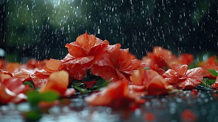 Rain Soaked Orange Flowers On Dark Background