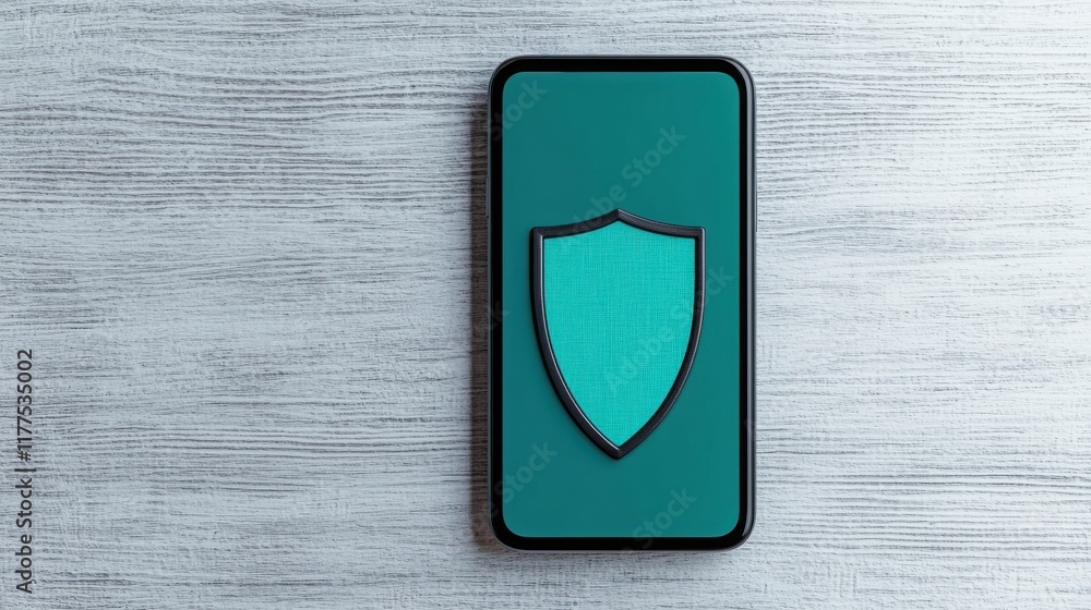Aufkleber phone security blocks spam calls. smartphone with a shield icon representing security on a wooden su