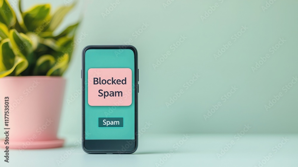Aufkleber phone security blocks spam calls. mobile phone displaying spam block notification with a potted plan