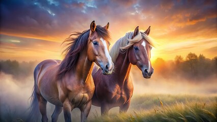 Fototapeta premium Majestic Duo: A Conceptual Portrait of Two Horses in Harmony