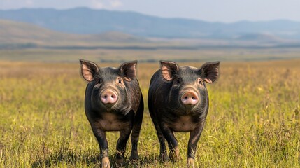Two pigs in a grassy field, mountains in the background. Stock photo