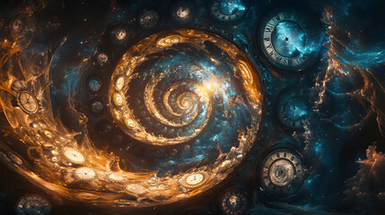 An abstract visual of clocks melting and intertwining with the shape of a galaxy, symbolizing the relativity of time across the vastness of space 